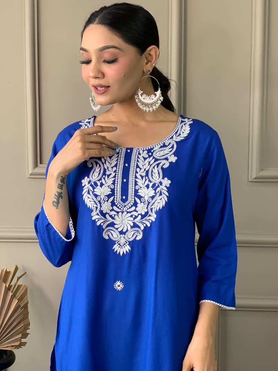 Blue Rayon Mirror Work Kurti Set